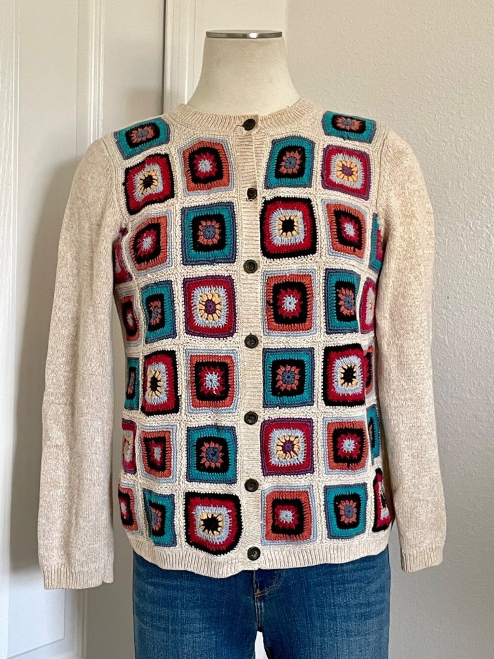 Alfred Dunner Vintage CrochetGranny Square Beige Ramie Cotton Knit Cardigan PS